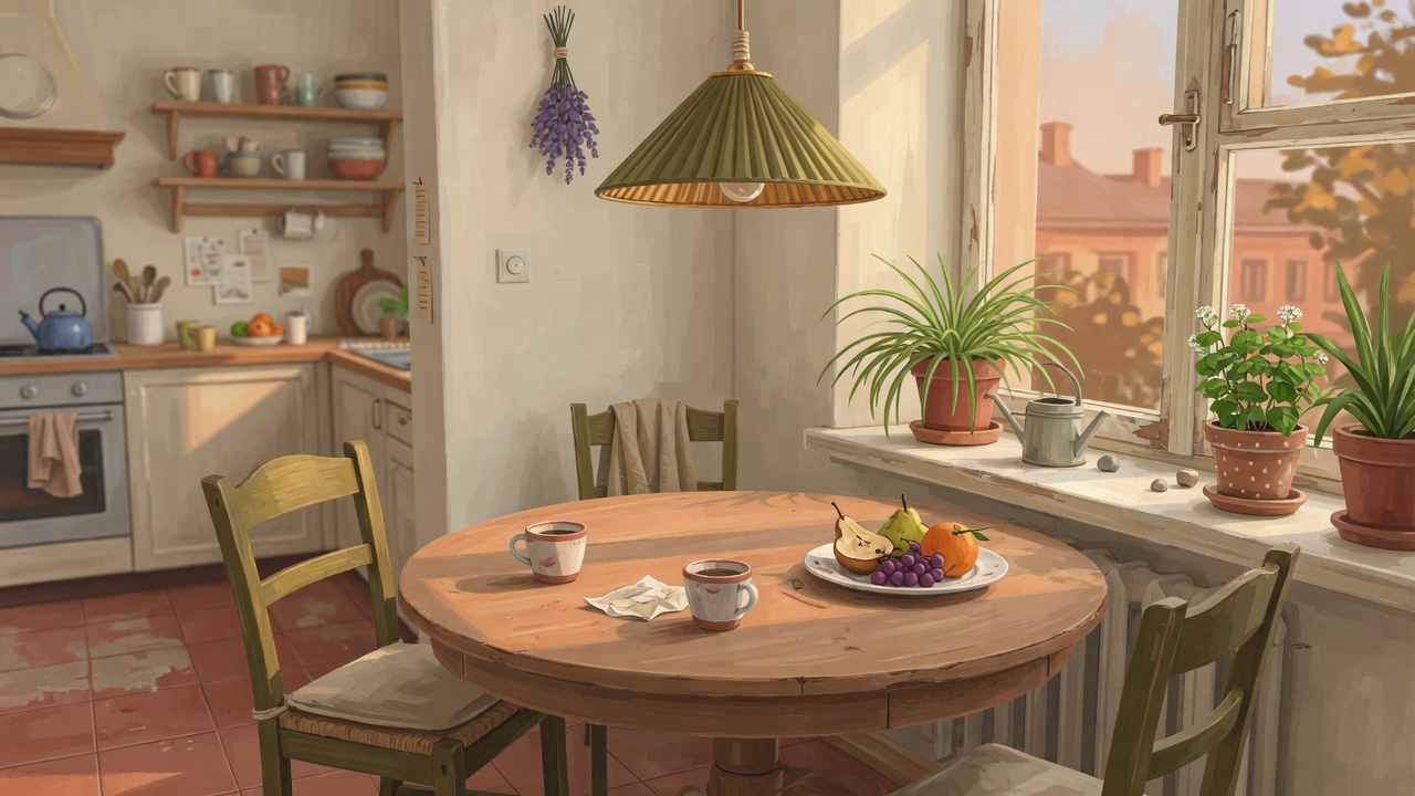 Friends around a painted table, coffee cups, afternoon light.