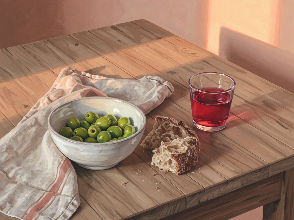 A bowl of olives, torn bread, and a glass of wine on a wooden table.